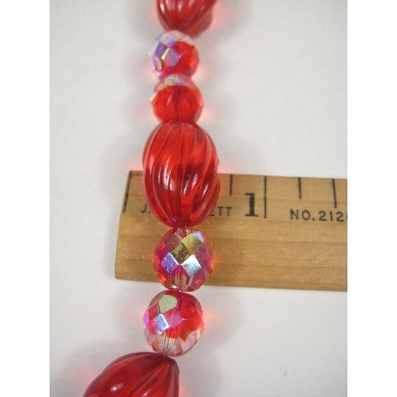 Red Plastic and Glass Beaded Necklace 31 in Vintage Strand Aurora Borealis READ - Picture 6 of 15